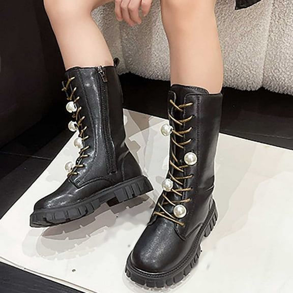 Girls Pearl Bow Boots Children High Boots Side Zipper Boots for Kids Big Girls Winter Boots Casual Boots Outdoor Boots Play Boots Martin Boots