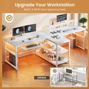 94.5 Computer Gaming Desk with Storage and LED Lights, Power Strip & Keyboard Tray & Monitor Stand, Extra Long Double Desk for 2 Person, White