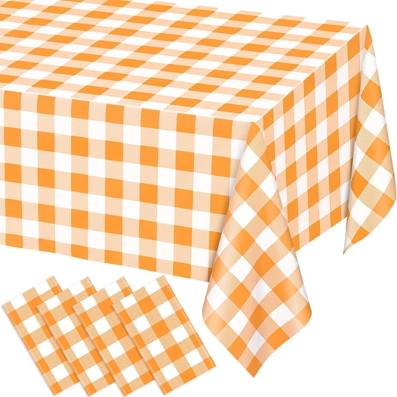 4 Pack Orange and White Checkered Rectangular Plastic Tablecloths, Orange Gingham Waterproof Disposable Table Covers 54" x 108" for Birthday, Wedding, Outdoor Picnic Camping Parties
