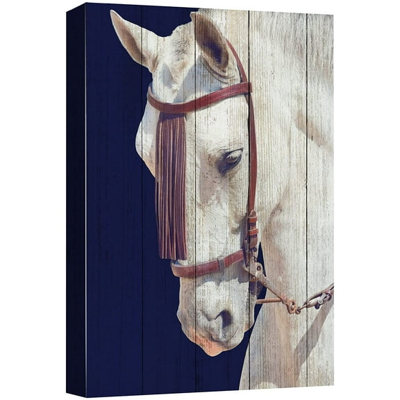 wall26 Canvas Print Wall Art Wood Panel White Stallion Horse Bridle Nature Animals Digital Art Realism Decorative Farmhouse Zen Rustic Multicolor Wildlife for Living Room, Bedroom, Office - 24"x