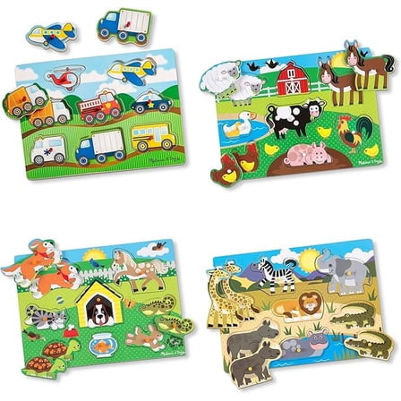 Melissa & Doug Wooden Peg Puzzle 4-Pack for Toddler and Preschool Boys and Girls – Vehicles, Farm, Safari, Pets