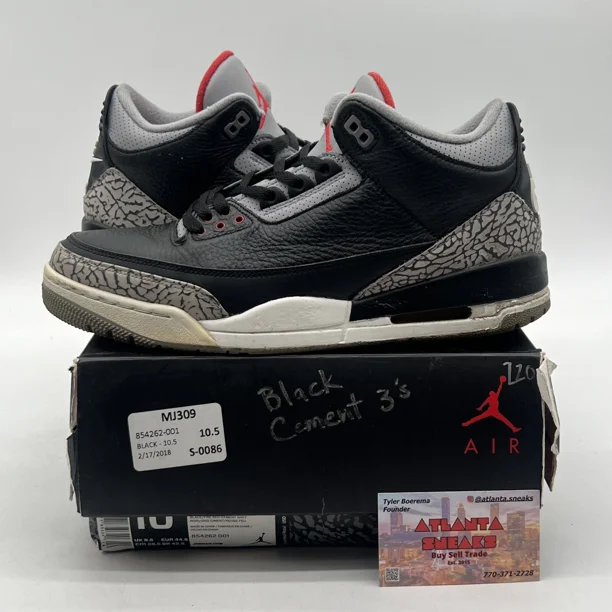 Size 10.5 - Jo r-dan 3 Retro OG Mid Black Cement Grey White Leather (854262-001)