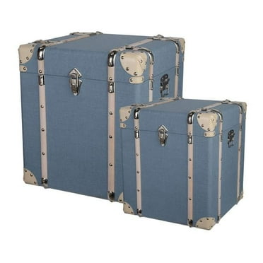 34 in. Vina Accent Storage Trunk, Faux Leather - Blue Wood - White - Set of 2