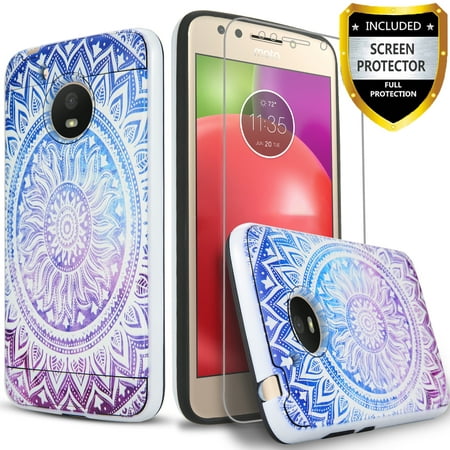 Moto E4 Case, Circlemalls 2-Piece Style Hybrid Shockproof Hard Case Cover With [Premium Screen Protector] And Touch Screen Pen For Motorola Moto E4 (Bright Mandala Flower)