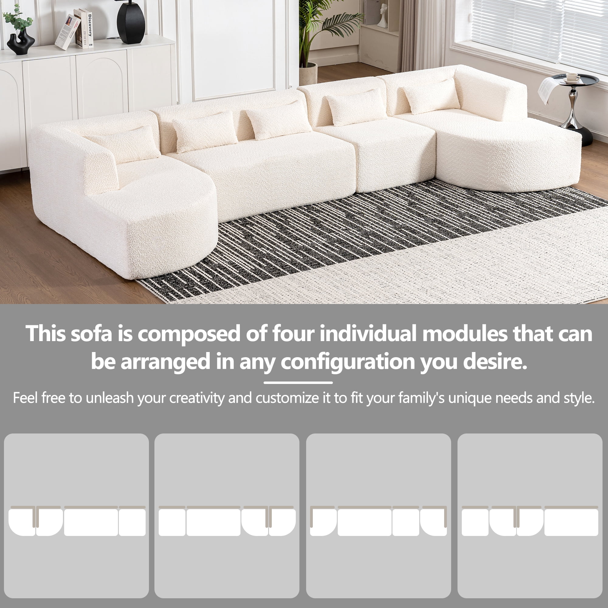 Euroco 144" Upholstered Sofa Free-combined Sofa Couch with Two Chaise Lounge and Five Back Pillows for Living Room, Beige