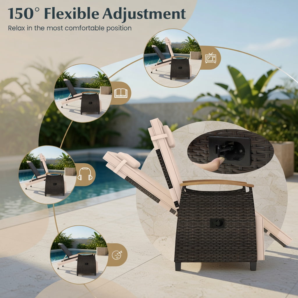 Hommoo Adjustable Wicker Recliner Chair with Footrest & Side Table, PE Rattan Outdoor Patio Lounge Chair, Brown