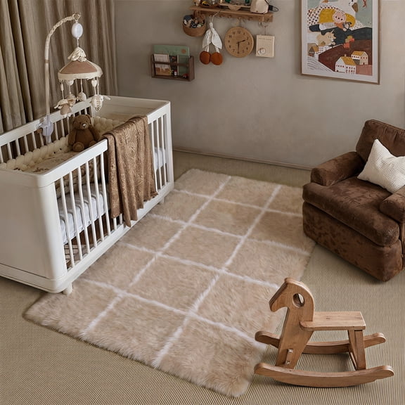 BERTHMEER 3'x5' Small Shag Area Rugs for Entryway Doormats Indoor Bathroom Office Modern Checkered Geometric Contemporary Plush Soft Fuzzy Fluffy Washable Carpets, Beige