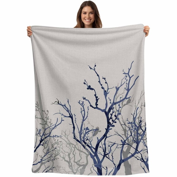 Grey Navy Blue Tree Blanket Soft Cozy Warm Twin Blanket for Bed, Plush Fuzzy Flannel Fleece Blankets for Sofa, Country Rustic Botanical Branch Throw Blankets for Couch, Gifts for Men, 60"x80"