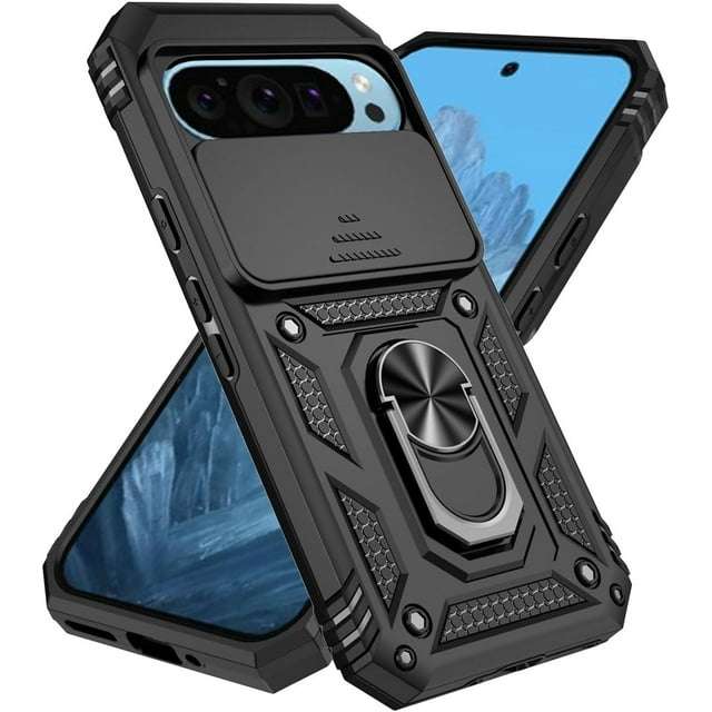 KOMI Designed for Google Pixel 9, Military-Grade Drop-Proof Case with Sliding Camera Cover and Ring Kickstand, Heavy Duty Shockproof Full Body Protective Phone Case, Black