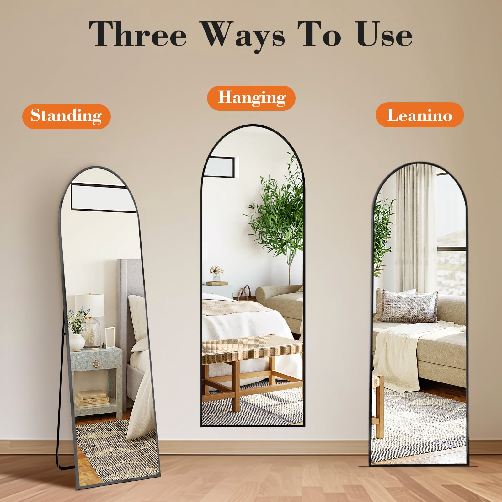 Gianna 56"x15" Arched Full-Length Mirror with Aluminum Alloy Frame, Standing Design for Bedroom, Black