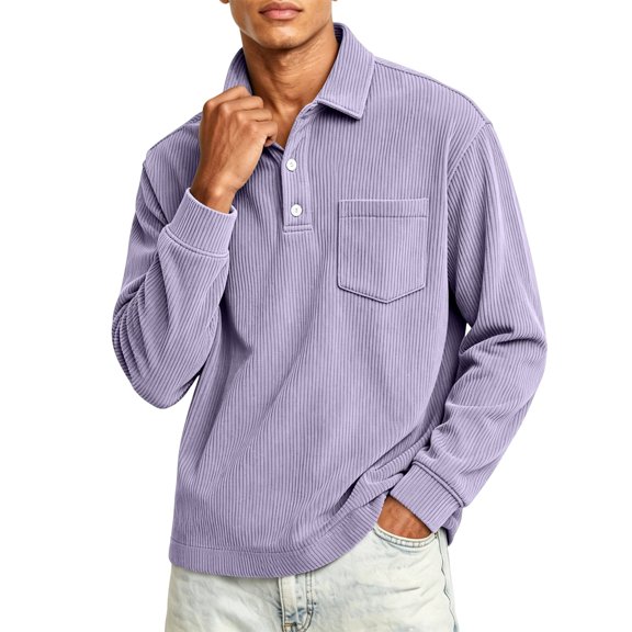 Mens Polo Shirts Long Sleeve Corduroy Lapel Collar Men Shirts Casual Comfort Button-Down Golf Shirt with Pocket, 4XL