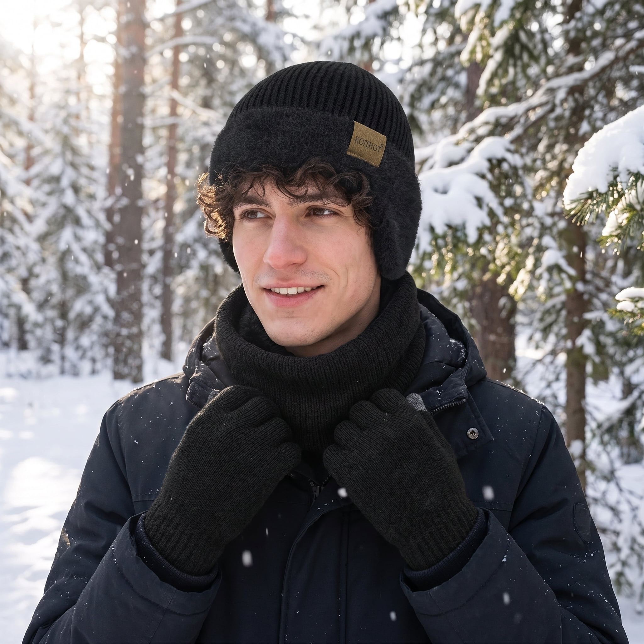 KOITHOT 3 Pcs Winter Beanie Hat with Ear Flaps Knitted Neck Warmer Touchscreen Gloves Set for Men Black