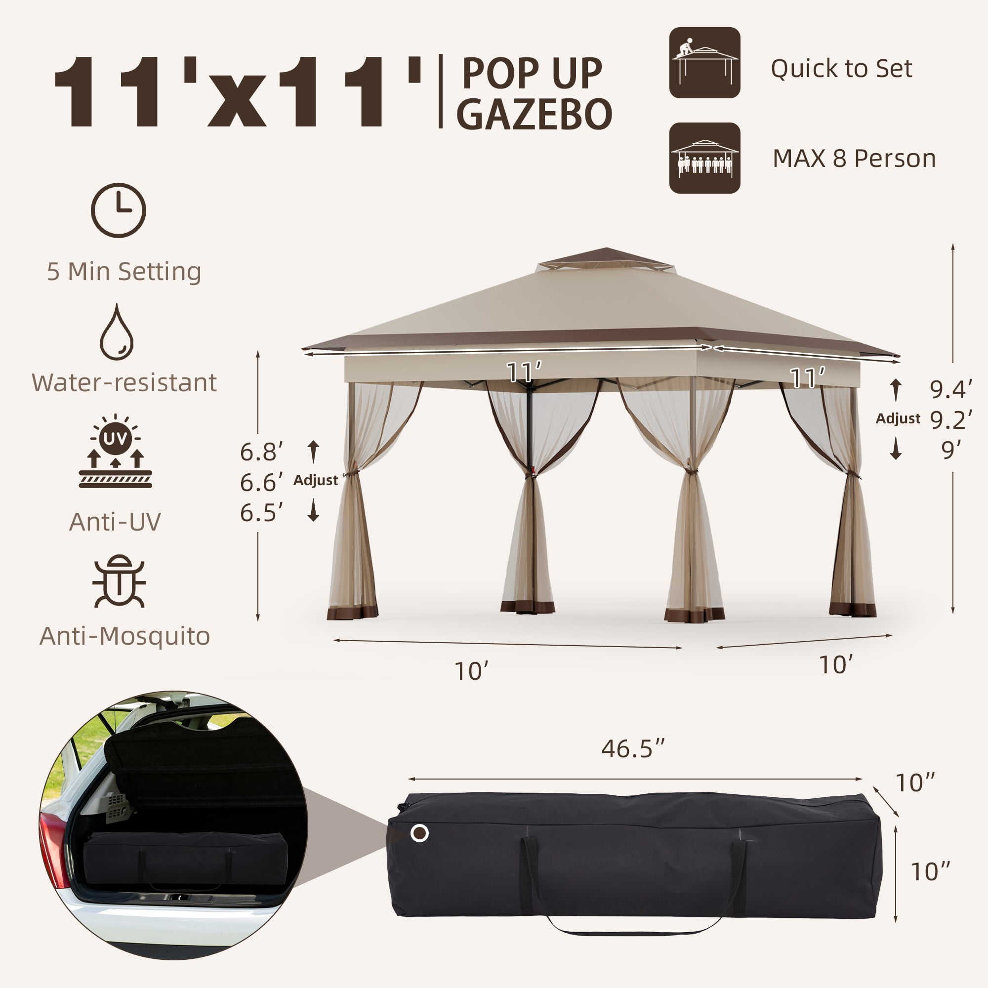 Bezseller 11x11 Pop up Gazebo, Outdoor Waterproof Canopy Tent with Mosquito Netting for Outdoors, Khaki