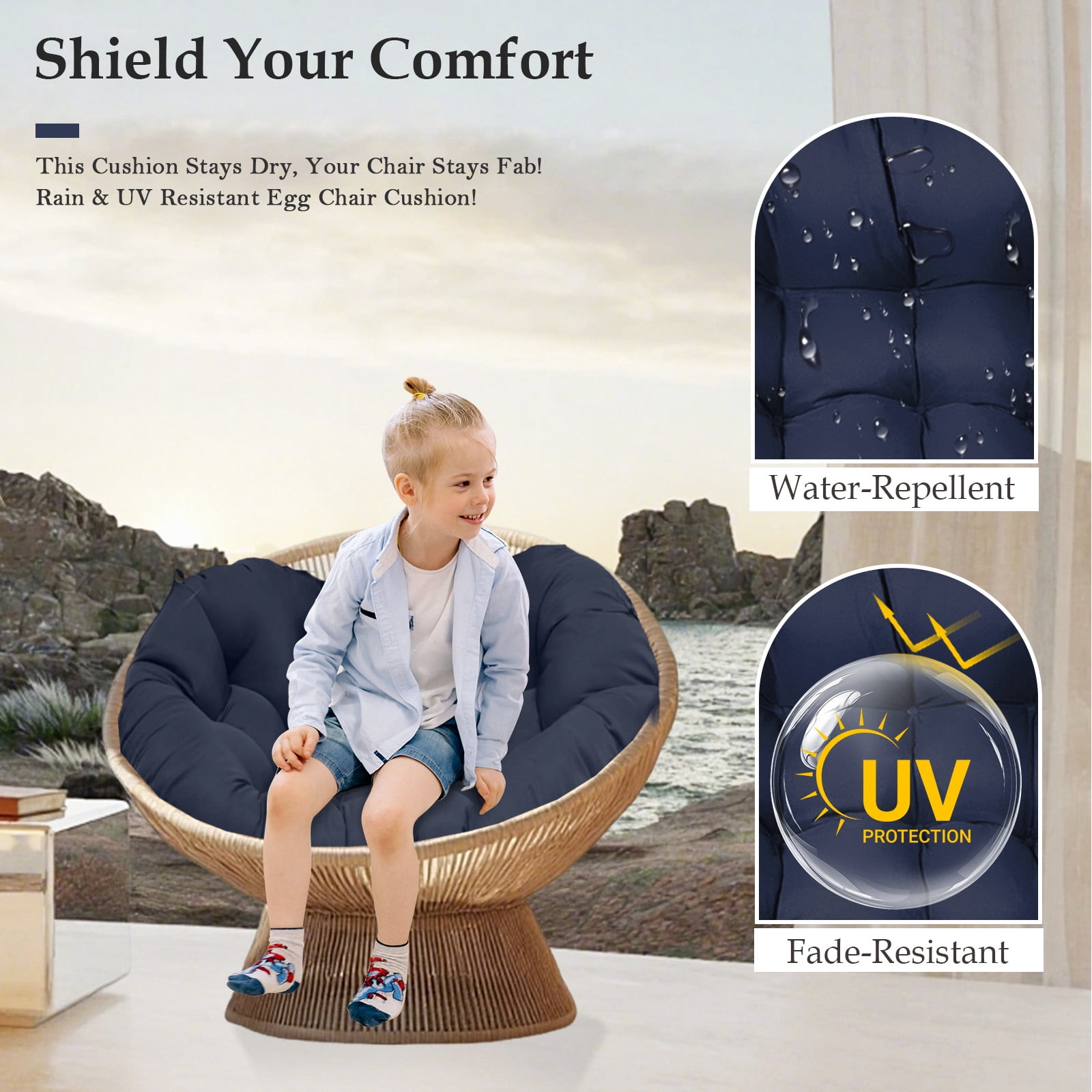 XXLYY Outdoor Egg Chair Cushion Replacement, 7.9”Thick Waterproof Hanging Chair Cushion with Ties for Patio & Porch