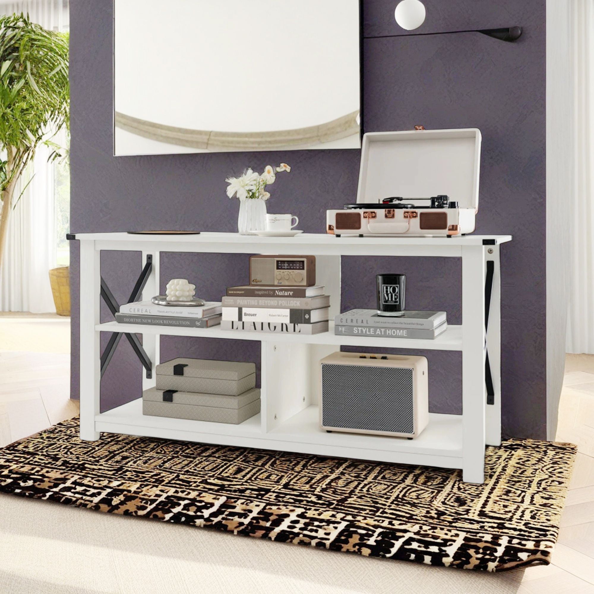 Demi Bonn TV Cabinet, 3 Tier Wood TV Stand for 55" with Open Shelves and X-Shaped Frame, Media Entertainment Center with Storage, for Living Room, Bedroom, White