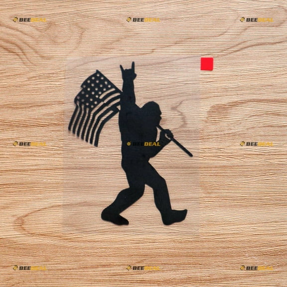 Bigfoot Sasquatch Rock On Holding American Flag Patriotic Sticker Decal Vinyl - Black 5 Inches - No Background Die Cut for Car Boat Laptop