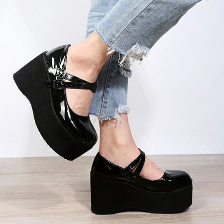 

Women Fashion High Heels Platform Wedge Patent Leather Shoes Belt Buckle Ankle Strap Sandals