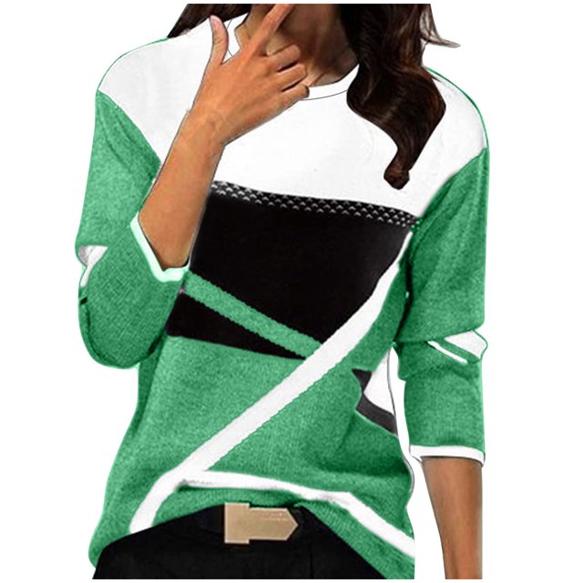 FAIWAD Hauts à Manches Longues pour Femmes à Imprimé Patchwork Géométrique à Blocs de Couleur Col Rond Chandail de Printemps Blouses