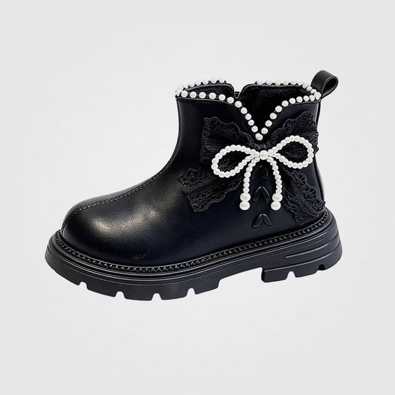 Viluyesy Girls Ankle Boots Lace Pearl Bow Detail Side Zip Platform Lug Sole Dressy Fashion Shoes for Kids Black Size 11 Little Kids