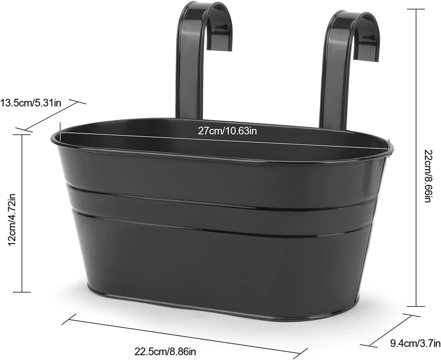 Metal Wall Hanging Planter,Bexikou 3 Pcs Balcony Metal Buckets with Detachable Hooks&Drainage Holes,Large Oval Fence Hanging Planters for Railing Outdoor Great for Garden Home Decor, Black