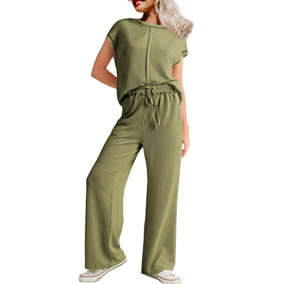 MSJUHEG Jumpsuits for Women,Jogging Suits for Women Plus Size,Lounge Sets for Women,2 Piece Outfits Sets Cap Sleeve Pullover Tops,Matching Sets Women Clothing,Track Suits for Women Set Army Green L