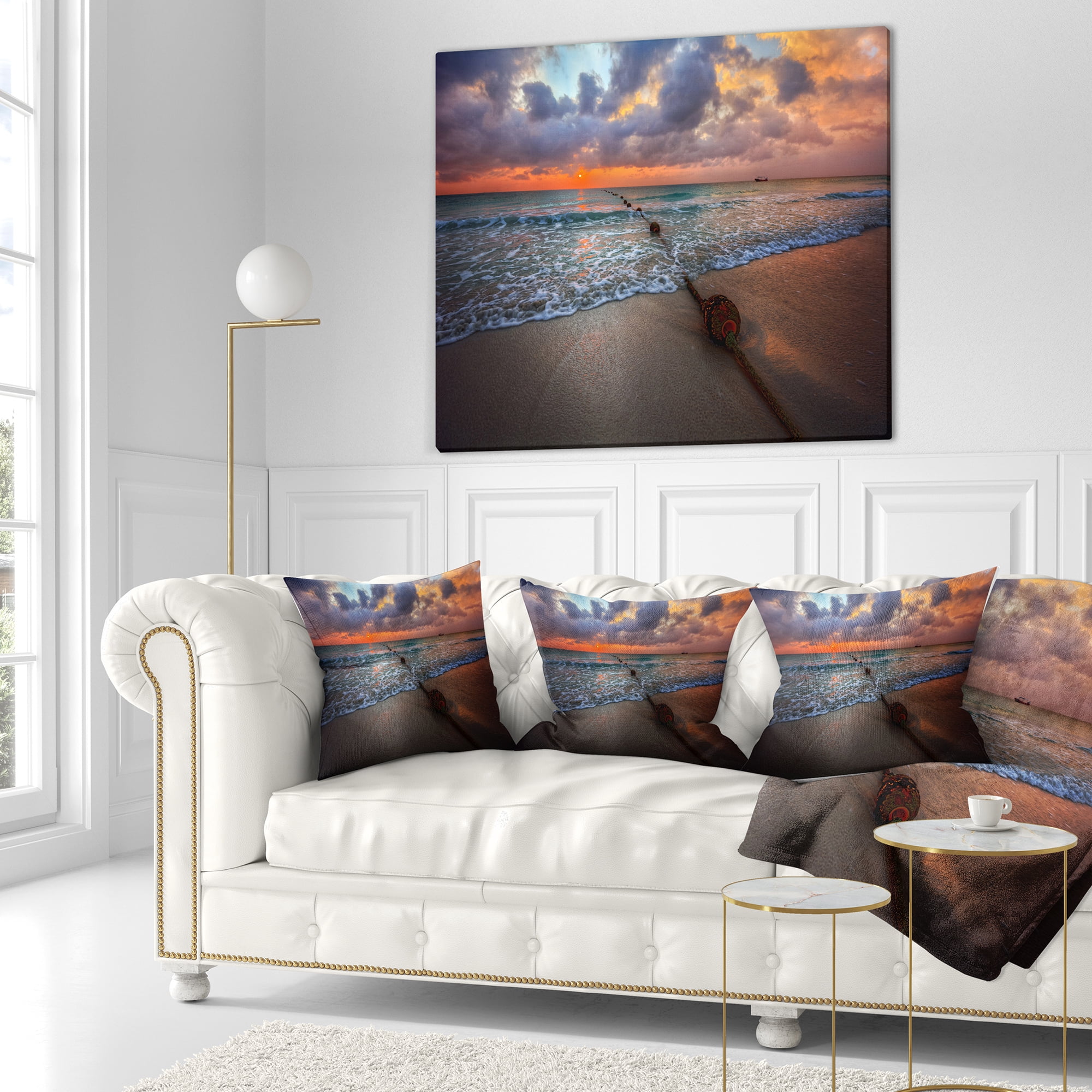 Designart Reddish Sunset over Clear Beach - Seashore Throw Pillow - 18x18