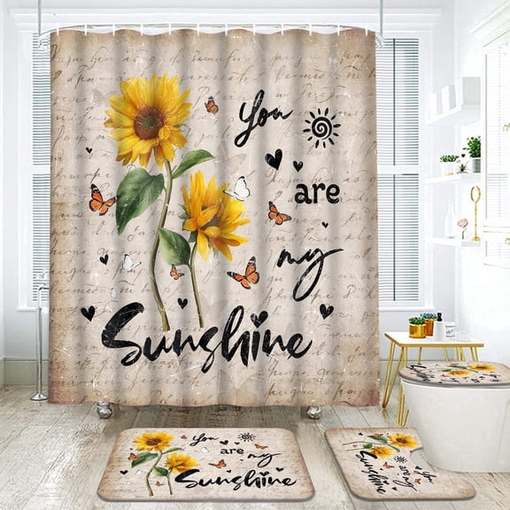 FRAMICS Beige Sunflower Shower Curtain and Rug Sets, 16 Pc You are My Sunshine Bathroom Sets, Waterproof Fabric Shower Curtain with 12 Hooks and Toilet Rugs
