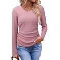 thumbnail image 3 of Tops Casuales para Mujer, Cuello en V, Camisas de Larga, Túnicas Básicas con Frunces Lisos, Blusas Rosa L, 3 of 7