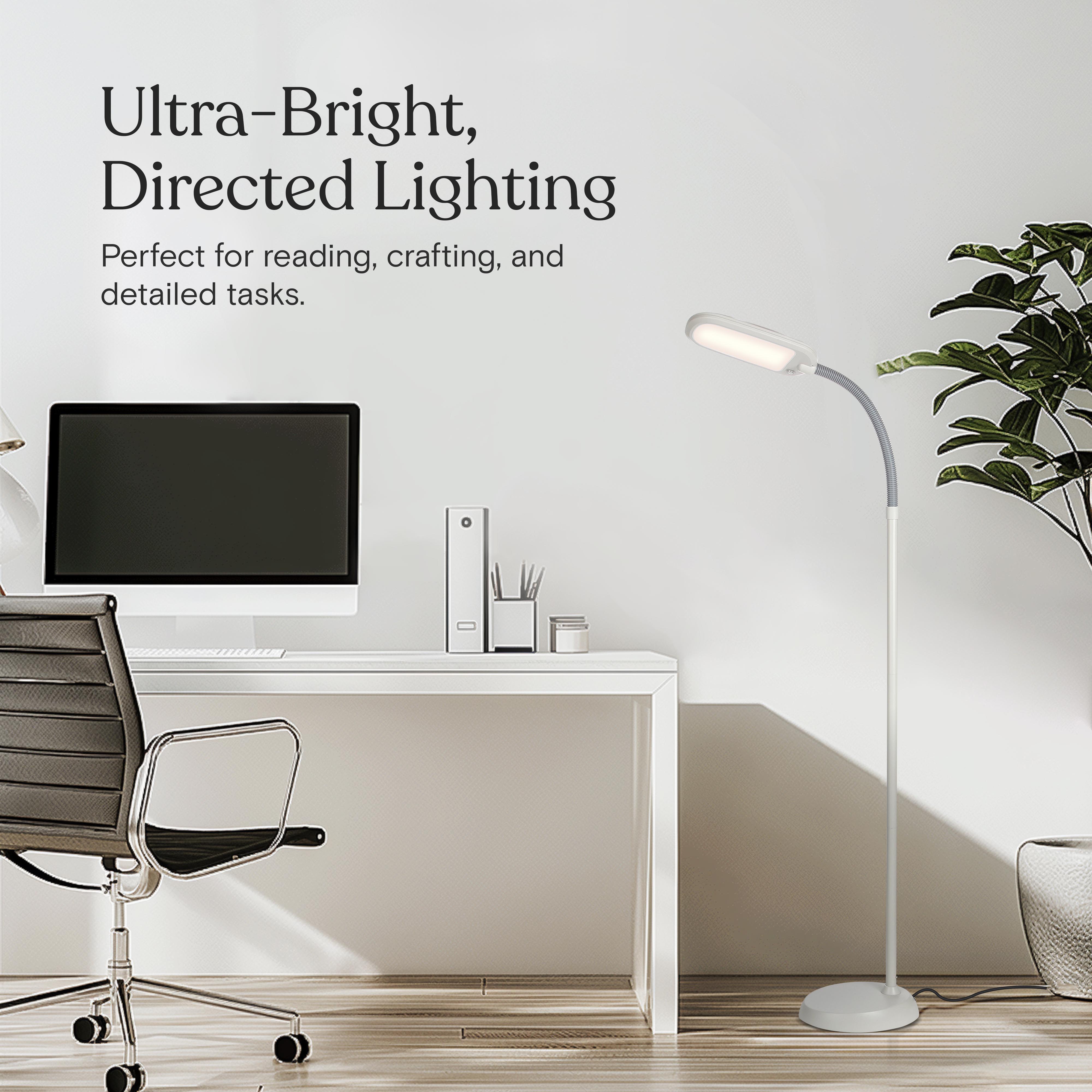 Brightech Litespan Slim LED Lamp, Modern Floor Reading Lamp Over Chair for Living Rooms & Offices, Tall Lamp with Adjustable Gooseneck, Crafts Work Light, Dimmable Standing Lamp for Bedroom - White