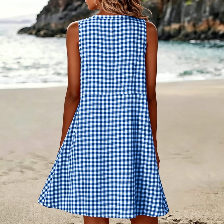 loose knee length dresses Lenpel Plaid Knee Length Dresses for Women Square Neck Sleeveless Tank Dresses with Pockets Loose Fit Fashion Beach Vacation Dresses, Women's, Size: