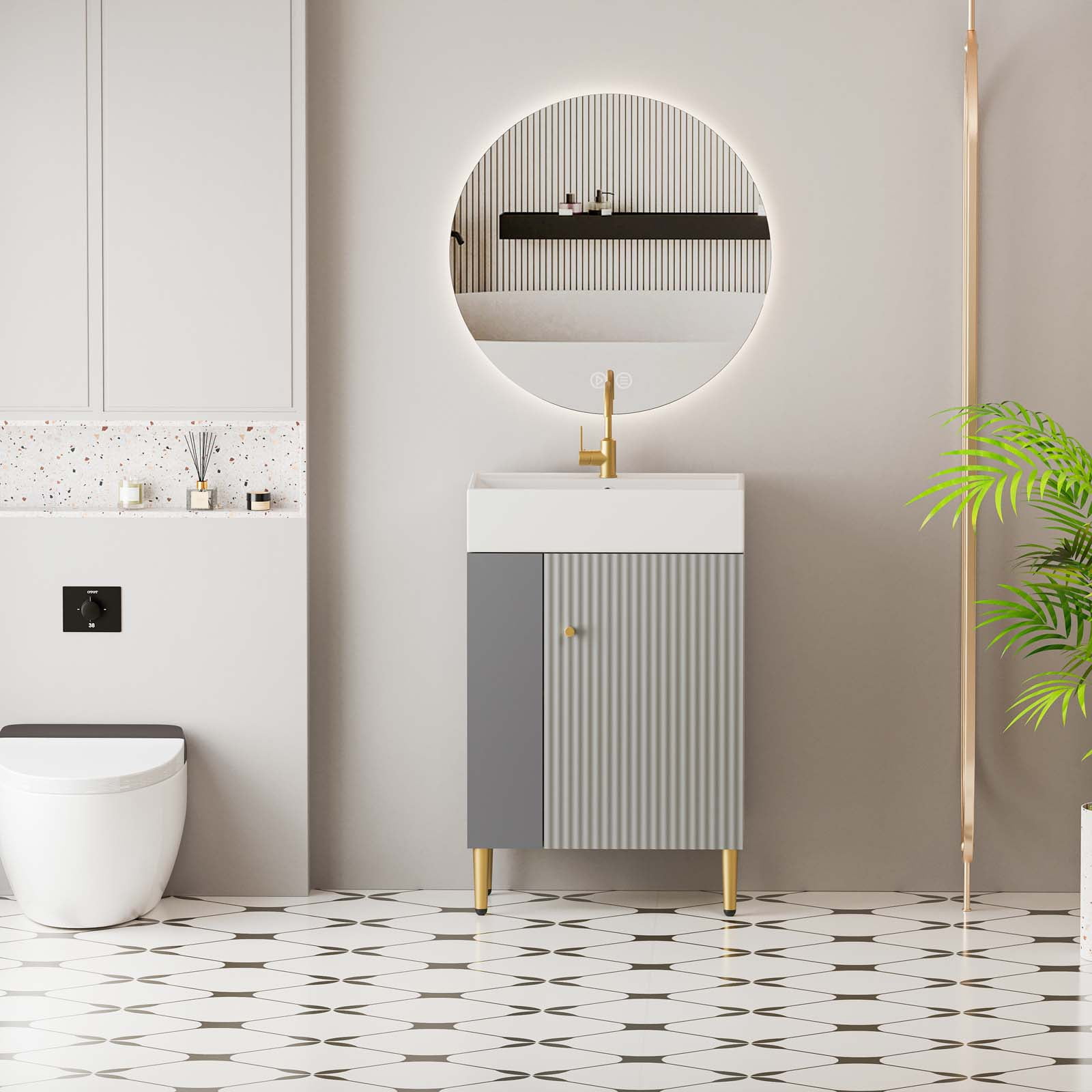 21.7" Bathroom Vanity with Ceramic Sink, Freestanding Bathroom Vanity with Open-Shelving Natural Wood Vanities Cabinet Soft Closing Door Right Storage for Small Bathroom Grey
