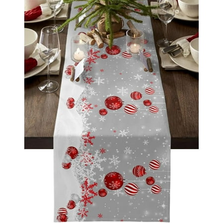 

Merry Christmas Cotton Linen Table Runner Dresser Scarves Red Xmas Balls Winter Snow Grey Table Runners for Dinning Table Snowflake Sparkle Kitchen Decor Holiday Dinner Decoration-13x36 Inch