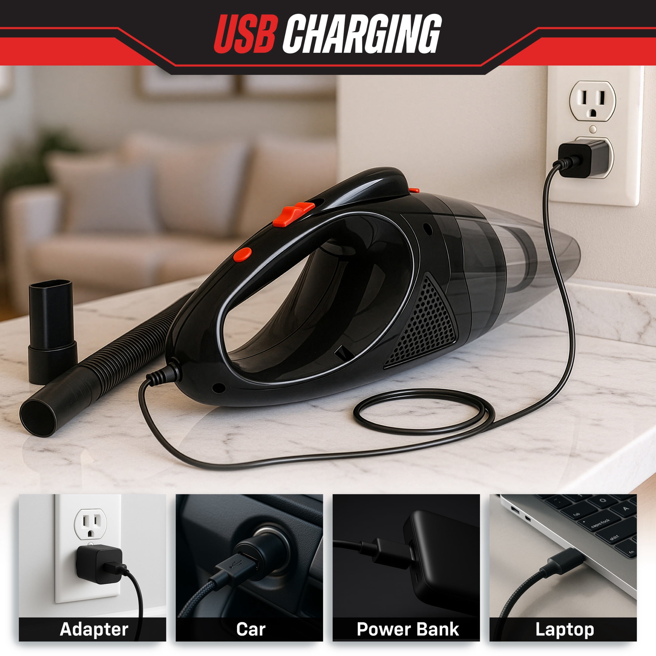 Stalwart 5,500Pa Handheld Vacuum Cordless Car Vacuum with Light, Washable Filter, and Attachments