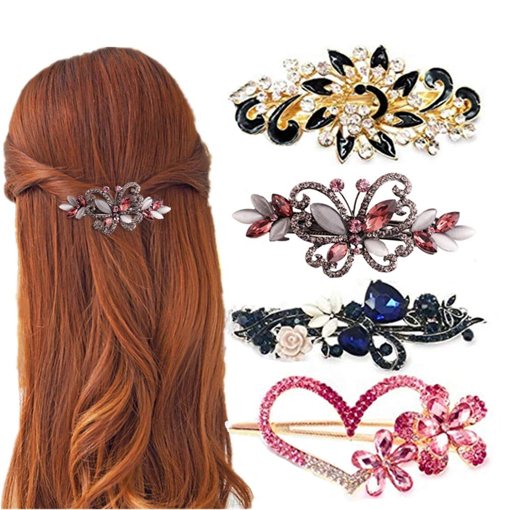 4 Packs Heart Shaped Crystal Butterfly Flower Vintage Hair Barrettes Peacock Rhinestones French