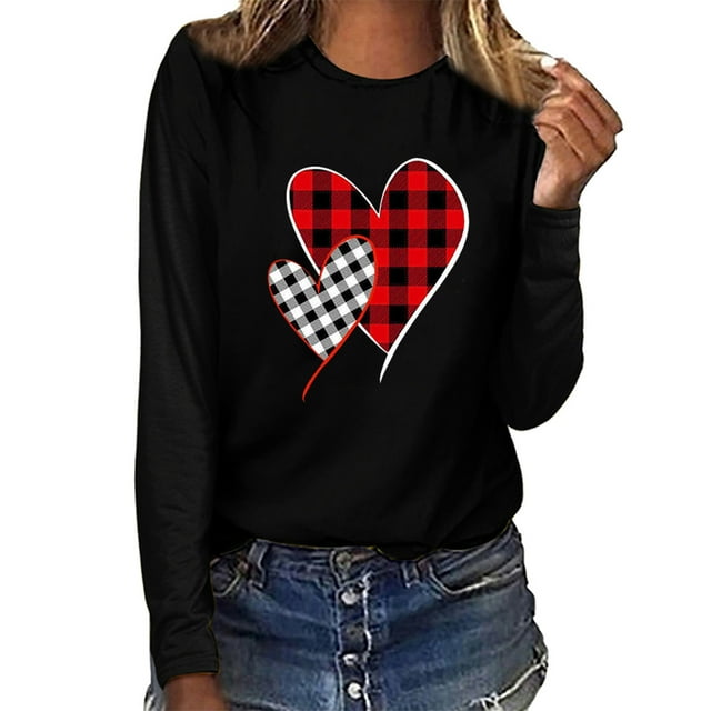 Qertyioot T-Shirt Graphique de la Saint-Valentin pour Femmes à Manches Longues, Pull Imprimé Swea
