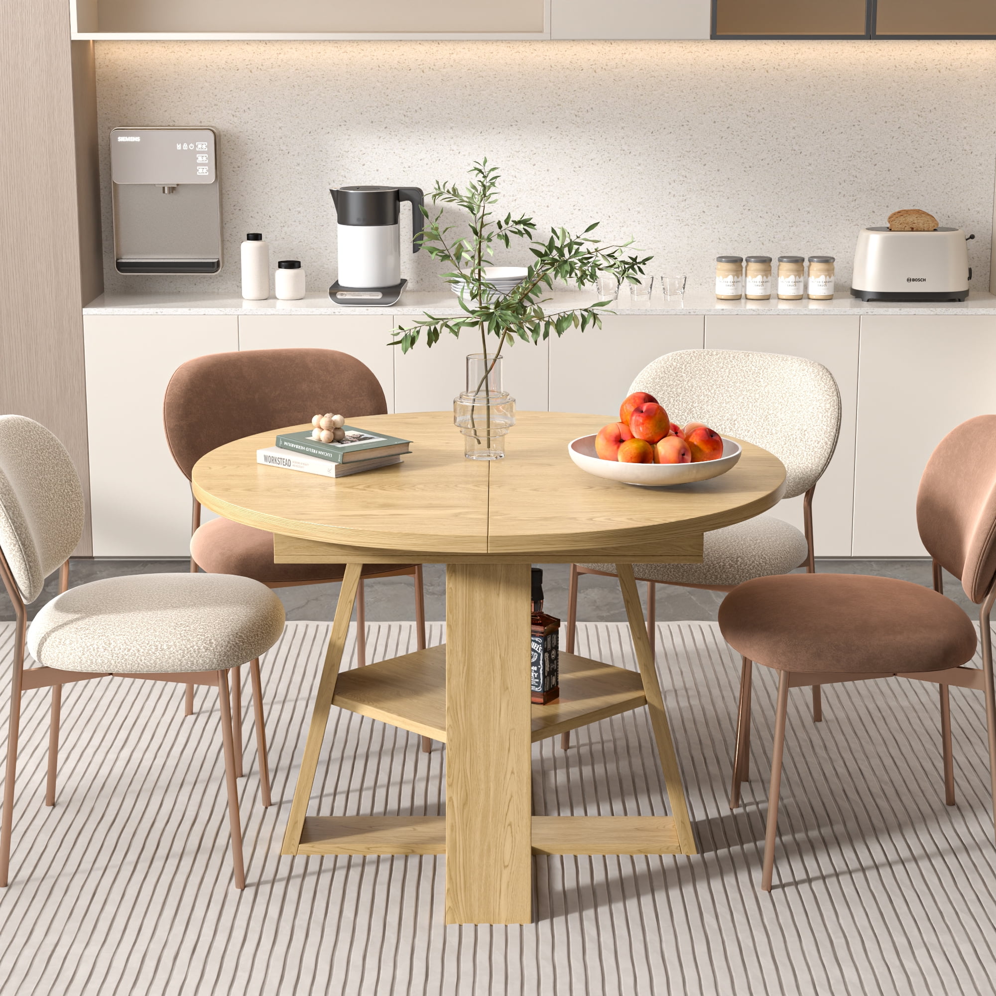 Round Dining Table Modern Extendable Dining Table with Removable Leaves for Kitchen