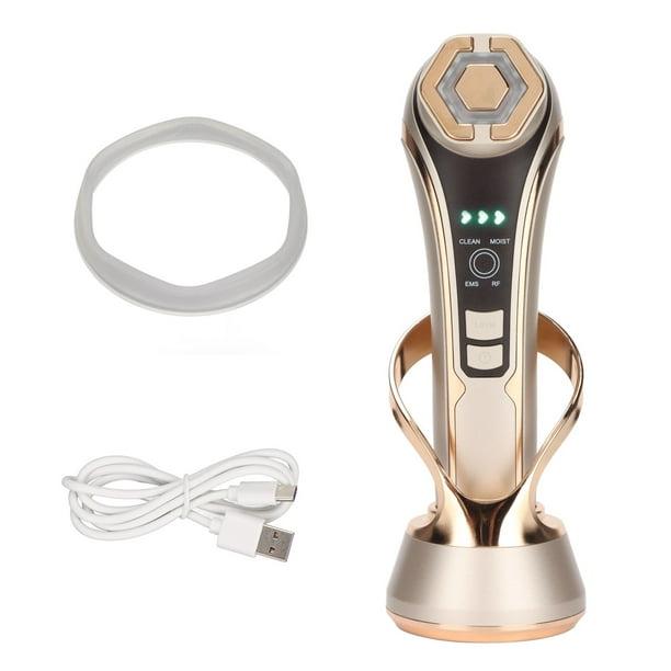Dispositivo de belleza facial con radiofrecuencia RF, luz roja y azul, iones positivos y negativos para piel brillante.