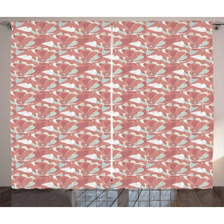 Blue And Coral Curtains 2 Panels Set Hand Drawn Floral Pattern