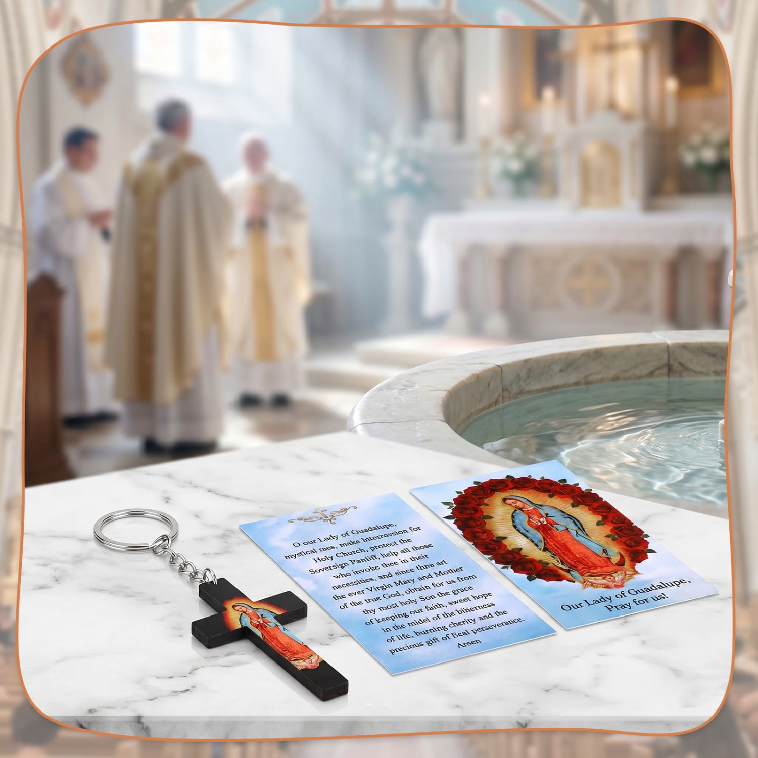 50Set Religious Keychain Gift Set, Featuring Our Lady of Guadalupe Acrylic Keychains Prayer Cards and Organza Bags, Ideal for Weddings Baptisms Spiritual Favors and Religious Events