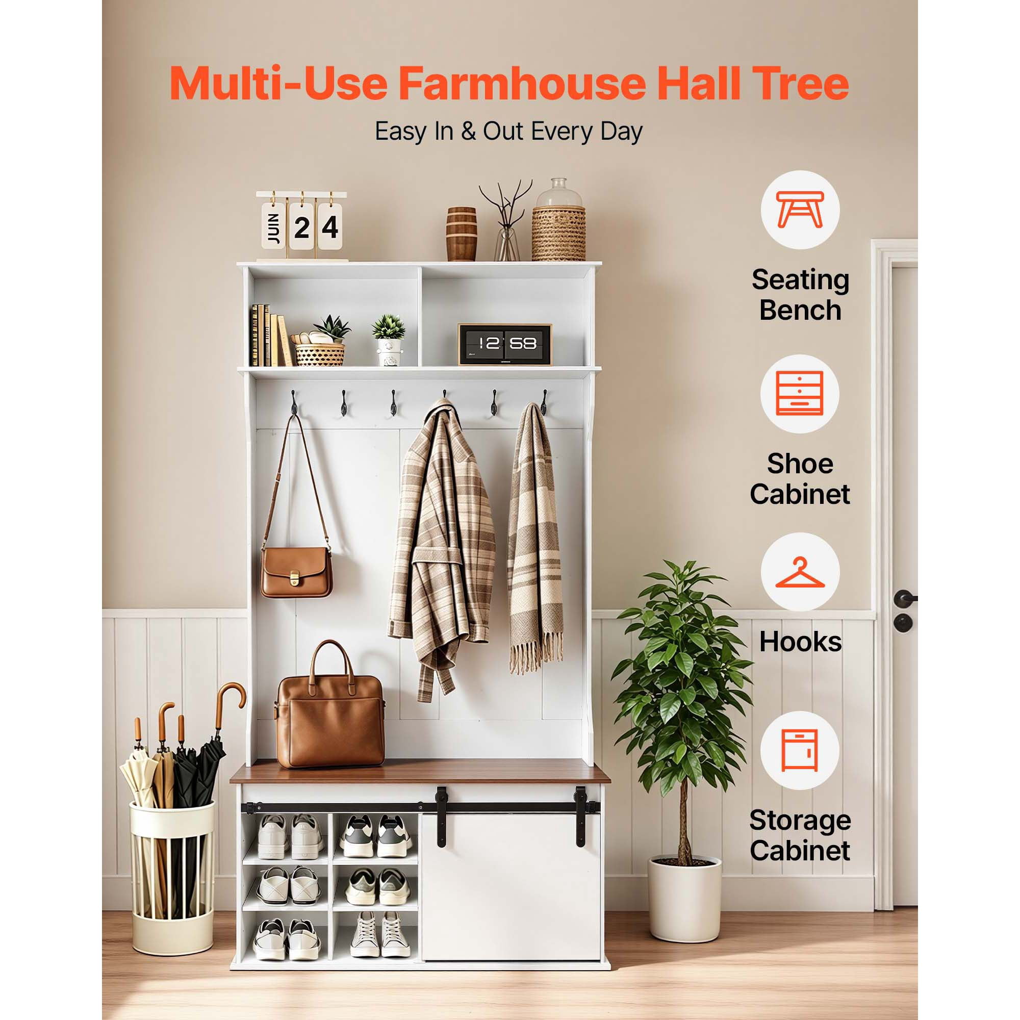 KFFKFF Entryway Hall Tree with Bench and Storage, 42" Wide, Wooden Furniture with Hanging Hooks, Adjustable Shoe Shelves, and Storage Shelves for Mudroom, Hallway, or Entryway, White