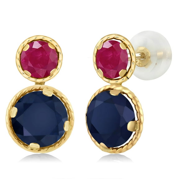 Gem Stone King 14K Yellow Gold Blue Sapphire and Red Ruby Earrings for Women (2.90 Cttw, Gemstone September Birthstone, Round Cut 6MM and 4MM)