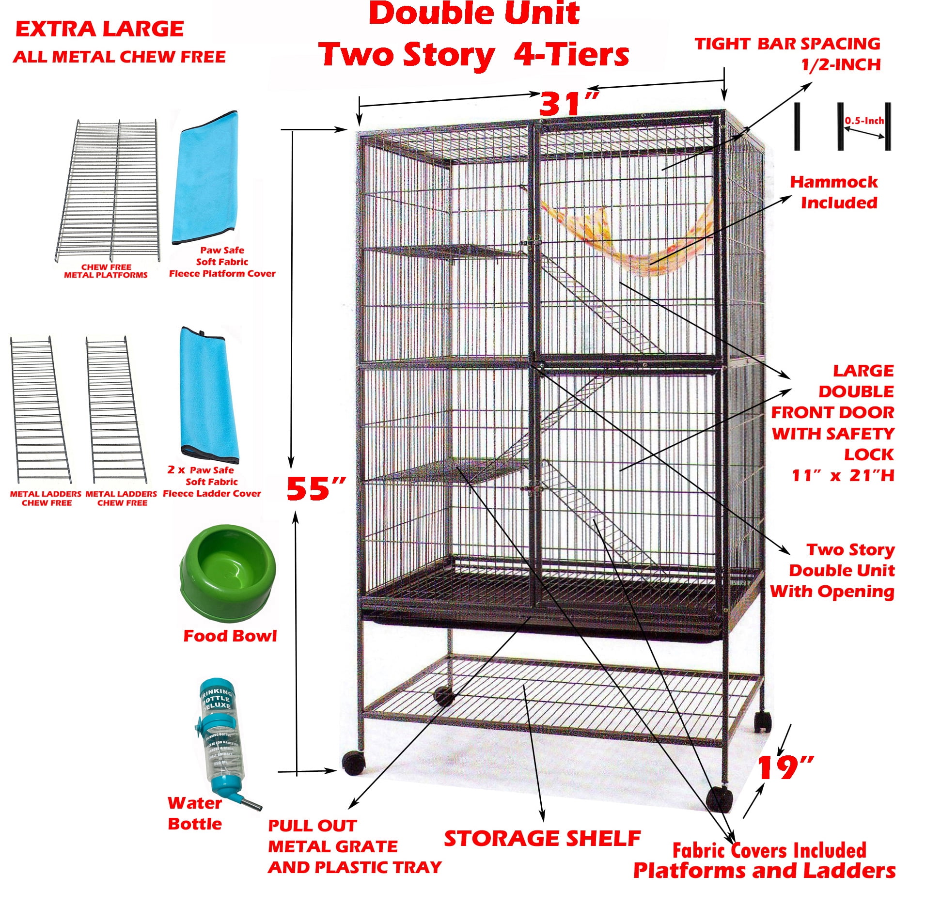 X-Large Double Unit Story Small Animal Critter House Habitat Rolling Cage With Narrow 1/2-inch Wire Spacing for Rats Mice Hamster Guinea Pig Ferret Chinchilla Sugar Glider Hedgehog Gerbil