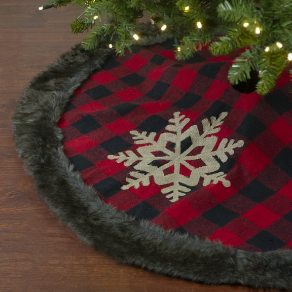 48-Inch Red and Black Christmas Tree Skirt with Burlap Snowflake