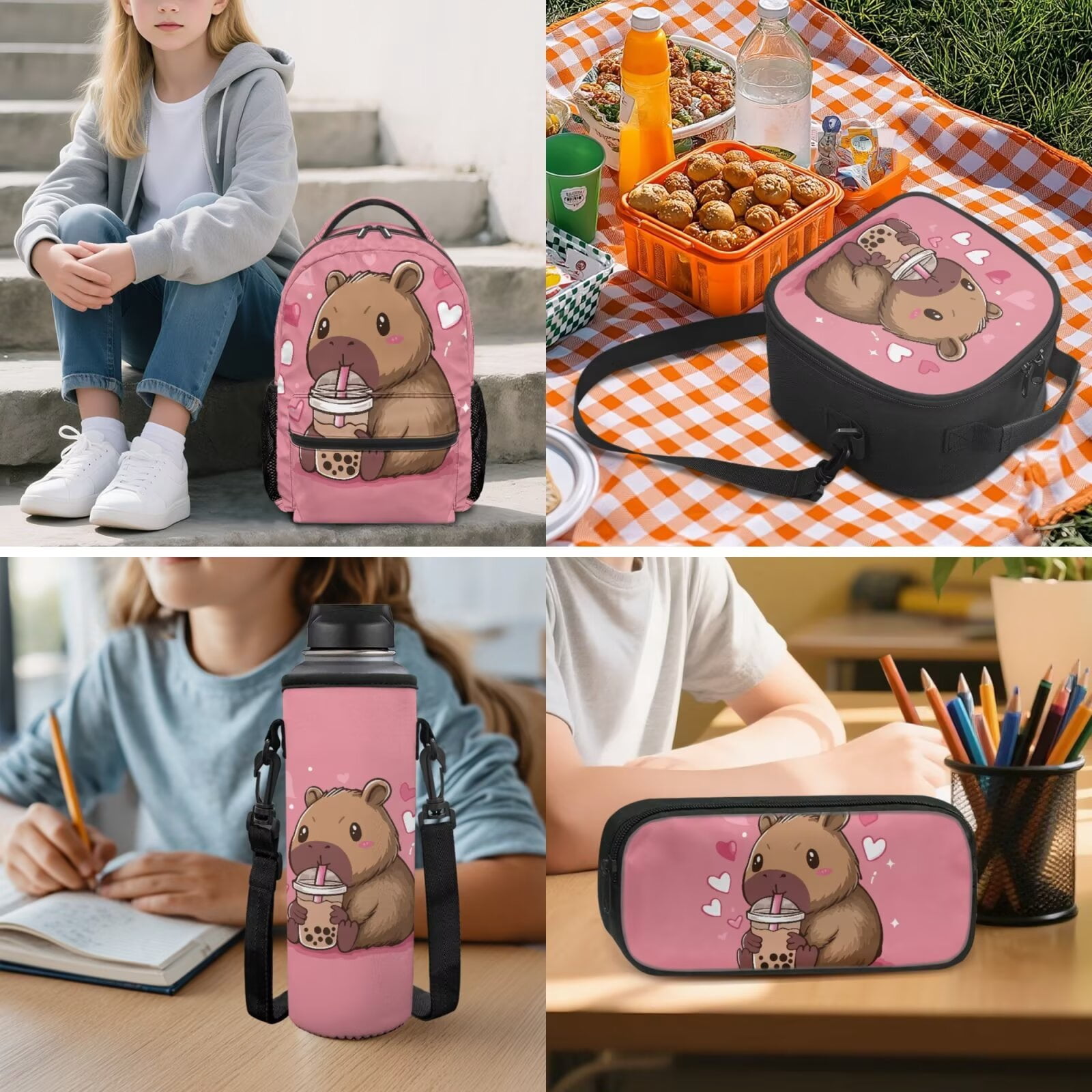 Pzuqiu Cute Capybara Girls Backpack Set of 5 School Bookbag Purse with Reusable Lunch Tote Bag Water Bottle Bag Pencil Case for Kids Elementary Schoolbags
