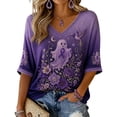 thumbnail image 2 of Women Purple Ribbon Hummingbird Print V Neck 3/4 Sleeve T-Shirt Alzheimer Awareness Floral Casual Loose Fit Blouses, 2 of 4