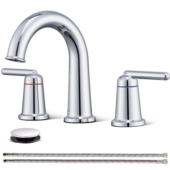 Wowkk Sanitary Ware Brass Bathroom Sink Faucet 2 Handles Widespread Bathroom Faucet 3 Hole, Pop-Up Drain and cUPC Supply Lines Included, Basin Faucets for Vanity Rv Restroom, Pulished Chrome