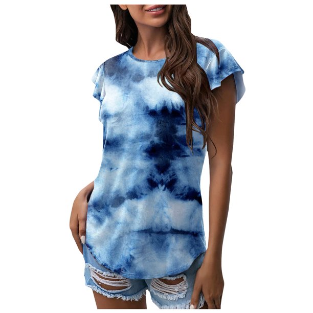 Top casual de manga corta para mujer con cuello redondo y estampado de degradado sexy de verano Fridja ghk5678