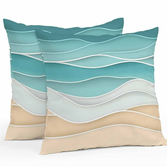 Outdoor Waterproof Pillow Covers Blue Beige Water Ripple Decorative Throw Pillow Protectors for Patio Sofa Garden Couch,18x18in 2 Pack