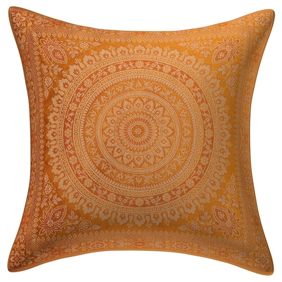 Stylo Culture Indian Brocade Living Room Throw Pillow Sham Cover Mustard Yellow 16 x 16 Boho Jacquard Weave Gold Sofa Cushion Cover 40x40 cm Polydupion Silk Mandala Square Pillow Case | 1 Pc