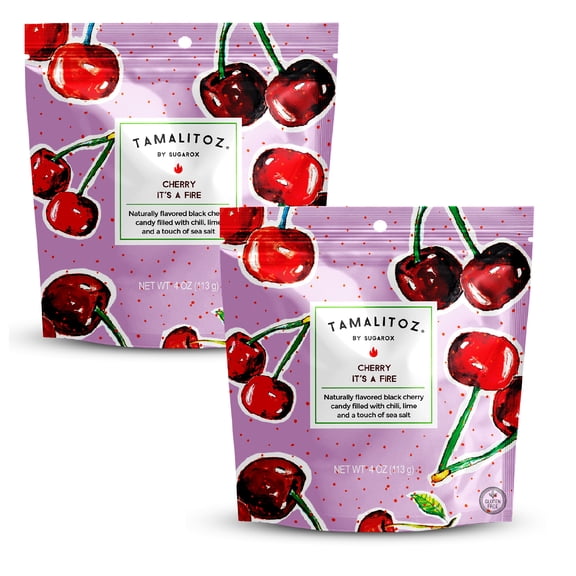 Tamalitoz Cherry It's a Fire – Spicy Black Cherry Hard Candy Filled with Chile, Lime & Sea Salt Center, Handcrafted Fruit Candy, Gluten-Free, Kosher, No Artificial Colors – 2 Bags (4oz Each)